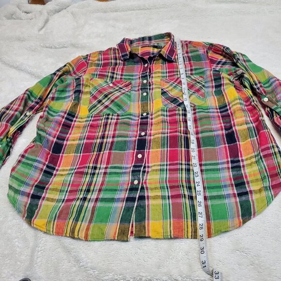 Lauren Ralph Lauren Multicolor Plaid Linen Button‎ Up Casual Plus Size Blouse 2x - Picture 5 of 11